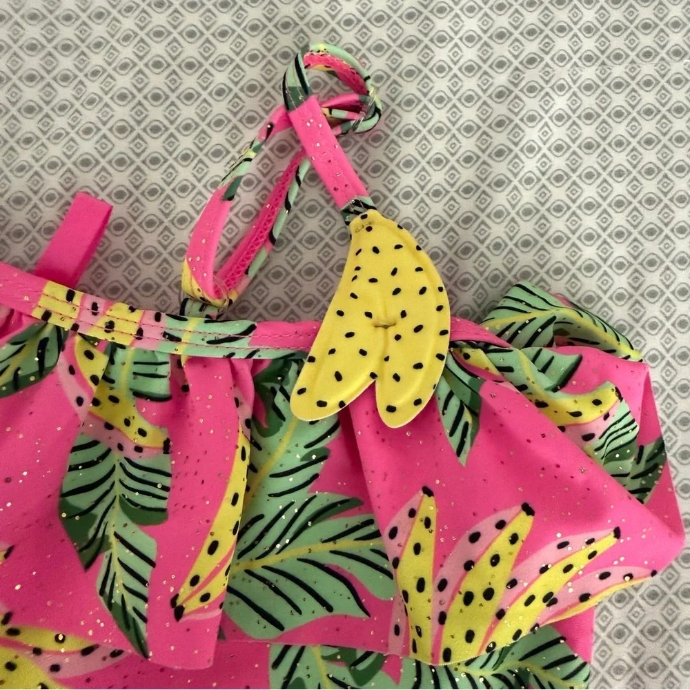 Betsey Johnson Youth Girls Tropical Pink Banana Leaf Two Piece Bikini Size 5